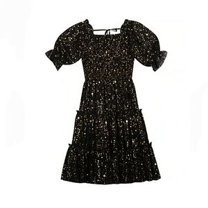 RARE EDITIONS-Girls flowy tiered black and gold smocked star dress-Size 7